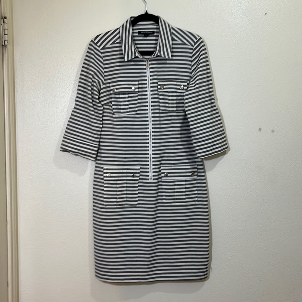 Sharagano dark gray/ white striped 3/4 sleeved dress. Size 6